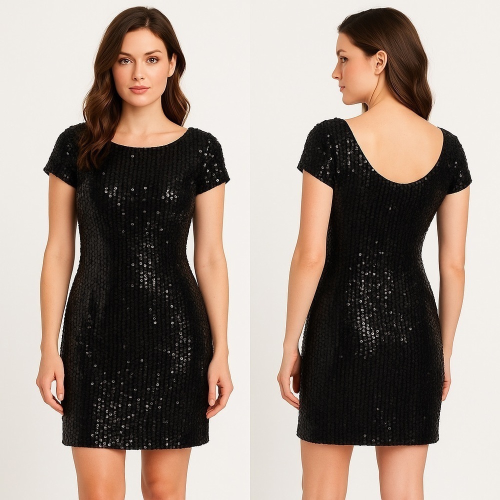 White House Black Market Black Sequin Open Back Holiday Party Dress Size M